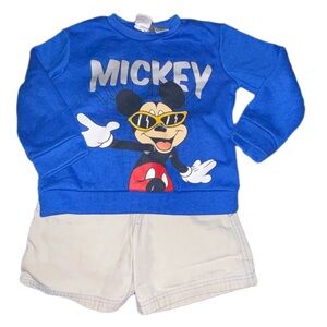 2/$17 Mickey Mouse Outfit Blue Graphic Sweatshirt Tan Disney Shorts Boys 4